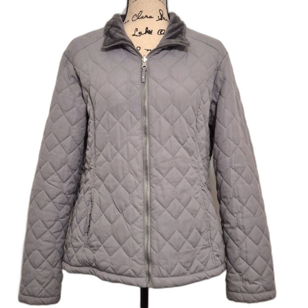 Below Zero by Rothschild Quilted Jacket L Gray Ski Full Zip Lightweight Faux Fur